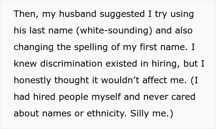 Text excerpt about a woman changing her name to a more white-sounding one to address hiring discrimination. Text excerpt about a woman changing her name to a more white-sounding one to address hiring discrimination.