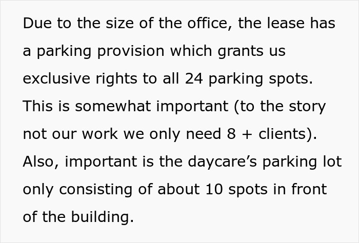 Text explaining daycare manager’s parking lot rules and car towing conflict in a small parking area with limited spots.