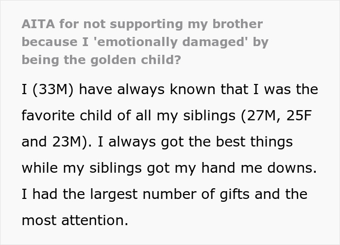 Screenshot of a text post about being the golden child and a 23YO demanding allowance due to feeling traumatized.
