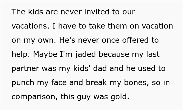 Text excerpt describing challenges with kids not being invited on vacations despite financial favor requests between a girlfriend and millionaire boyfriend. Text excerpt describing challenges with kids not being invited on vacations despite financial favor requests between a girlfriend and millionaire boyfriend.