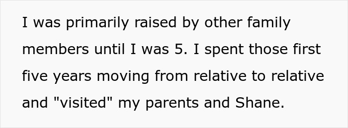 Text excerpt discussing being raised by family members and visiting parents and a disabled sibling as part of caring for their disabled son. Text excerpt discussing being raised by family members and visiting parents and a disabled sibling as part of caring for their disabled son.