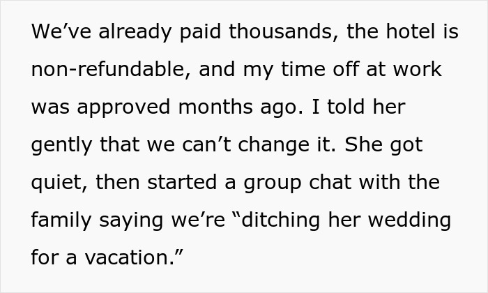 Text about selfish SIL trying to ruin couple’s honeymoon by planning a surprise wedding, causing family drama.