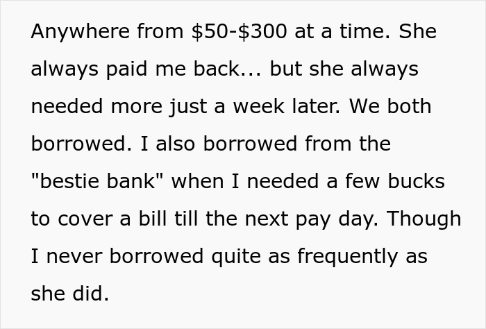 Text excerpt about borrowing money from bestie bank, highlighting a woman done being the bestie bank for her friend. Text excerpt about borrowing money from bestie bank, highlighting a woman done being the bestie bank for her friend.