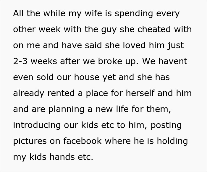 Alt text: Text about a wife cheating, starting a new life with lover, and still blaming husband for dating again Alt text: Text about a wife cheating, starting a new life with lover, and still blaming husband for dating again