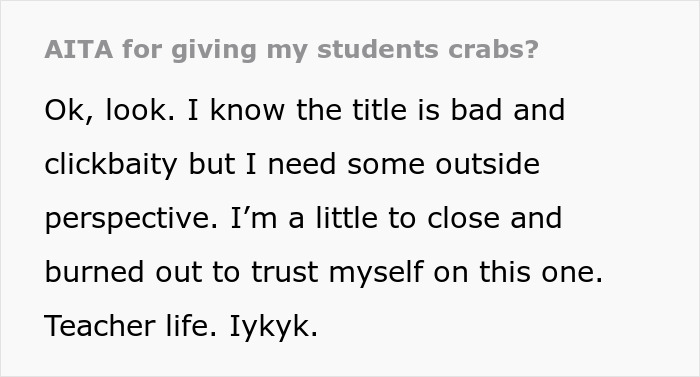 Teacher gives kids hermit crabs as pets and faces backlash from parent after one dies, showing teacher burnout text.