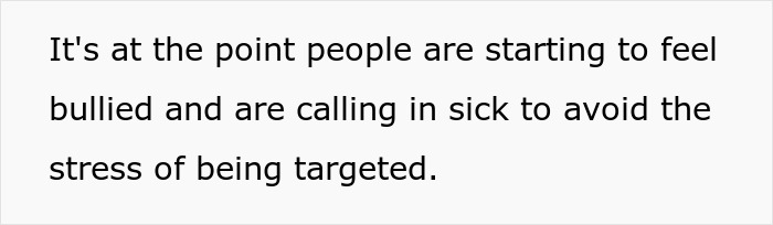 Text on screen about workplace stress as employees feel bullied and call in sick to avoid being targeted.