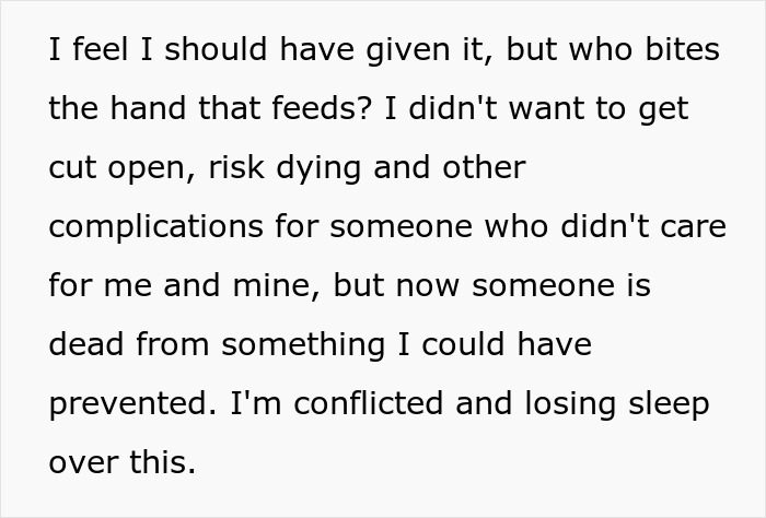 Person expressing regret and conflict over refusing to donate liver and the resulting lawsuit consequences.