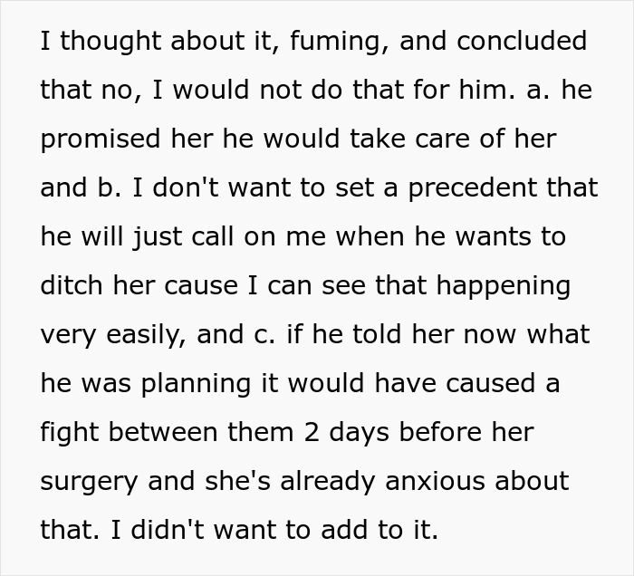 Text excerpt discussing concerns about a slacker hubby planning to skip caring for wife after surgery and possible exposure. Text excerpt discussing concerns about a slacker hubby planning to skip caring for wife after surgery and possible exposure.