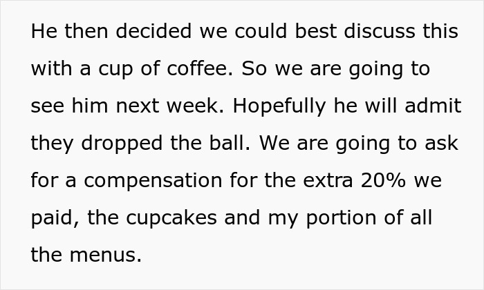 Text excerpt discussing compensation request after wedding vendors left bride with no cupcakes due to allergy issues. Text excerpt discussing compensation request after wedding vendors left bride with no cupcakes due to allergy issues.