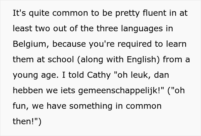 Text about a woman embarrassing a new colleague by speaking to her in a language she claimed to know well. Text about a woman embarrassing a new colleague by speaking to her in a language she claimed to know well.