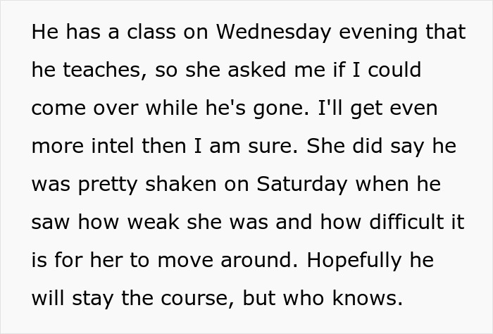 Text excerpt discussing a slacker hubby planning to avoid caring for wife after surgery, with a friend considering exposing him. Text excerpt discussing a slacker hubby planning to avoid caring for wife after surgery, with a friend considering exposing him.