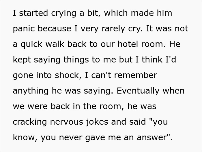 Text snippet describing emotional reaction after a guy drops to one knee with a ring and mentions open marriage. Text snippet describing emotional reaction after a guy drops to one knee with a ring and mentions open marriage.