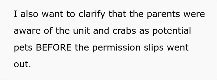 Text explaining parents were informed about hermit crabs as pets before permission slips were sent out in a school unit. Text explaining parents were informed about hermit crabs as pets before permission slips were sent out in a school unit.
