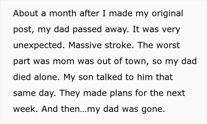 Text describing a family tragedy involving the sister revealing a dead brother’s lie after their dad passed away unexpectedly.