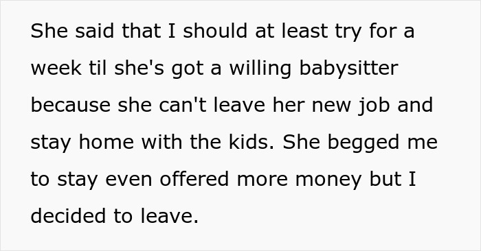 Text excerpt showing a babysitter explaining why she quit after discovering a hidden disabled third kid. Text excerpt showing a babysitter explaining why she quit after discovering a hidden disabled third kid.
