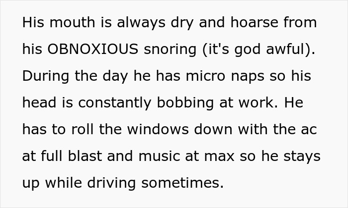Text highlighting a husband's obnoxious snoring and tiredness affecting his ability to help with baby feeding at night.