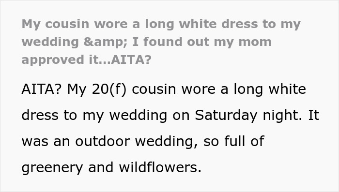 Bride horrified as cousin wears long white dress to her wedding with mom’s approval, causing anger and shock. Bride horrified as cousin wears long white dress to her wedding with mom’s approval, causing anger and shock.