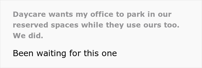 Text showing a conflict where a daycare manager enforces parking rules, leading to chaos after a car is towed.