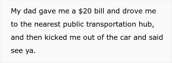 Text describing a teen’s experience after parents kicked them out with only $20 and dropped near public transportation. Text describing a teen’s experience after parents kicked them out with only $20 and dropped near public transportation.