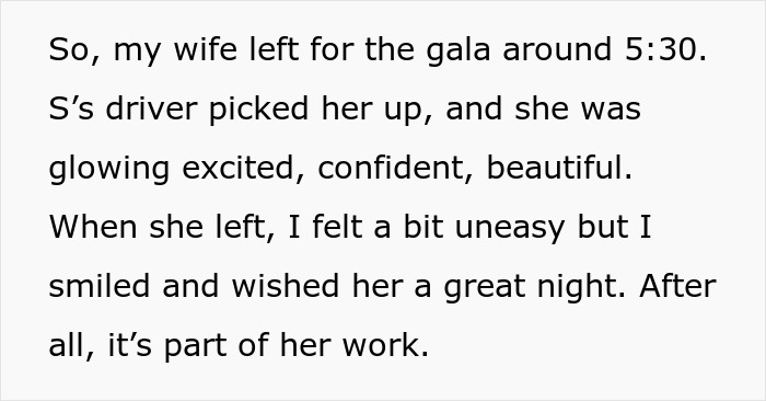 Woman goes to gala with client as date, leaving husband feeling uneasy and questioning their relationship. Woman goes to gala with client as date, leaving husband feeling uneasy and questioning their relationship.