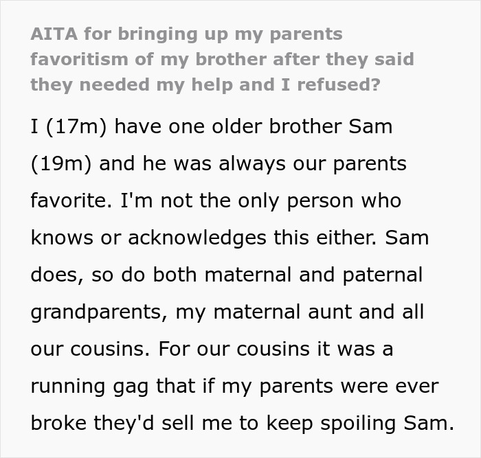 Text post discussing toxic parents' favoritism toward their golden child son and the younger son's refusal to help. Text post discussing toxic parents' favoritism toward their golden child son and the younger son's refusal to help.