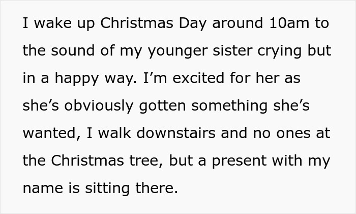 Text excerpt from a story about parents gifting their golden child a $25K car while the older sibling receives a phone case.