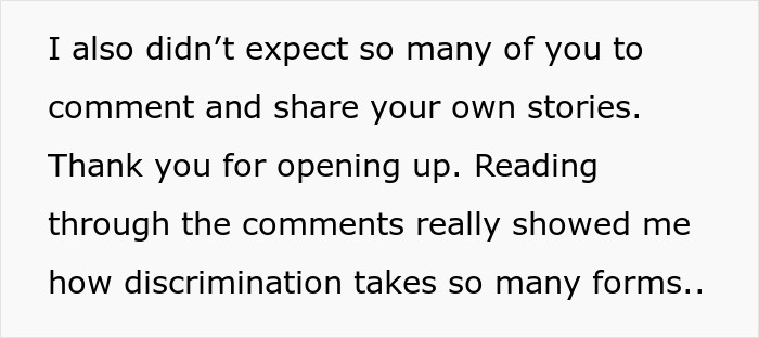 Text on white background about discrimination and comments, highlighting woman changes name to a more white-sounding one and gets job offers. Text on white background about discrimination and comments, highlighting woman changes name to a more white-sounding one and gets job offers.