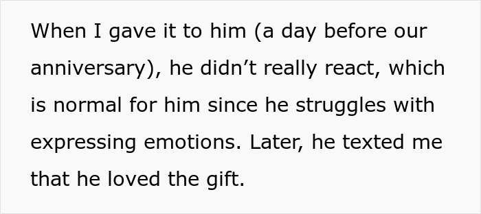 Text describing emotional struggle when boyfriend refuses to hang anniversary gift on the wall before later appreciating it.