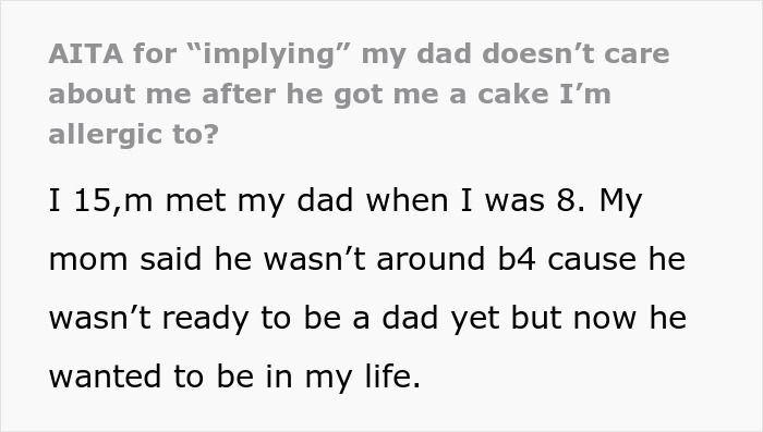 Text post from a teen telling dad would’ve remembered if he cared after a cake allergy fail controversy. Text post from a teen telling dad would’ve remembered if he cared after a cake allergy fail controversy.