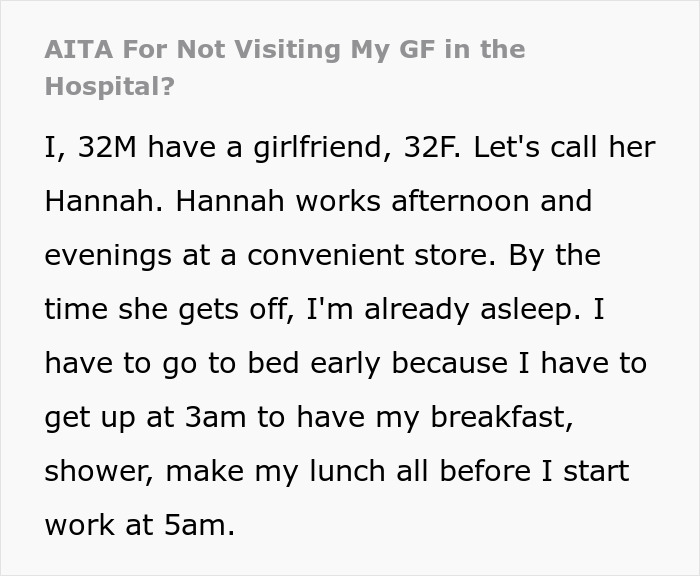 Text post discussing reasons for refusing visiting girlfriend in hospital due to early work schedule and sleep needs.
