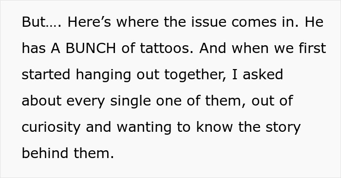 Text excerpt discussing a woman curious about her boyfriend’s many tattoos and their stories in a couple’s context. Text excerpt discussing a woman curious about her boyfriend’s many tattoos and their stories in a couple’s context.