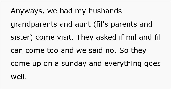 Text excerpt discussing a couple banning toxic in-laws from visiting their newborn after a family visit goes well. Text excerpt discussing a couple banning toxic in-laws from visiting their newborn after a family visit goes well.