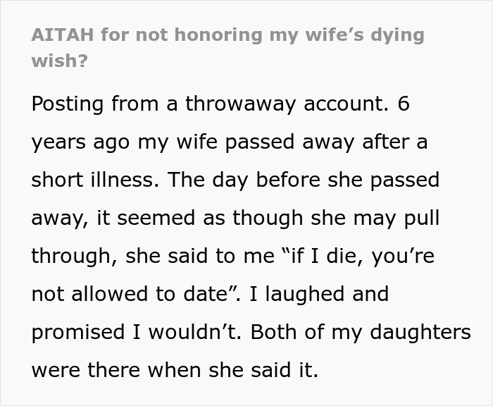Alt text: Man struggles with his dying wife's wish not to date after she’s gone, facing accusations from daughter calling him a cheater. Alt text: Man struggles with his dying wife's wish not to date after she’s gone, facing accusations from daughter calling him a cheater.