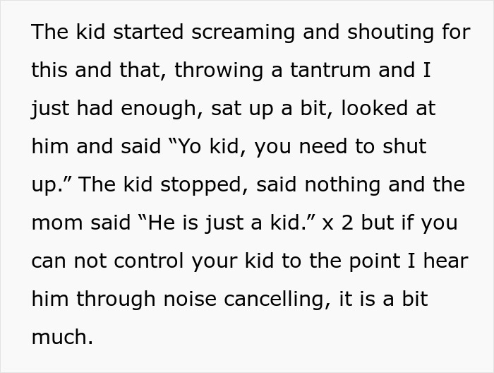 Man tells disruptive kid on plane to shut up, sparking upset reaction from the mom during a noisy flight incident. Man tells disruptive kid on plane to shut up, sparking upset reaction from the mom during a noisy flight incident.