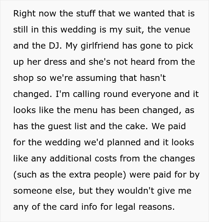 Text describing a couple discovering wedding sabotage by parents days before the ceremony, detailing altered plans.