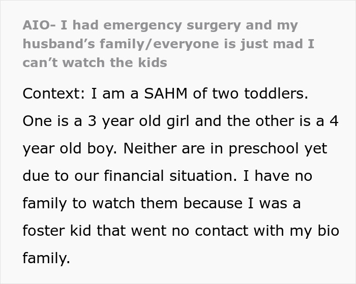 Woman with two kids struggles to get support after emergency surgery, feeling overwhelmed and unsupported.
