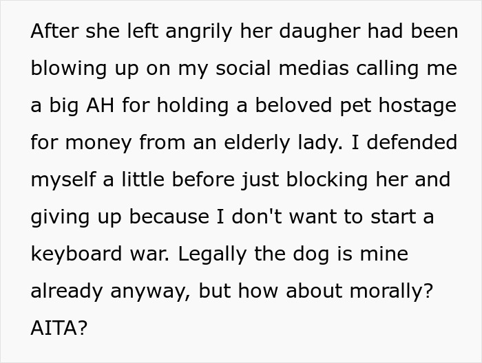 Woman adopts dog and faces harassment from previous owners over name, food, and vet change conflicts.