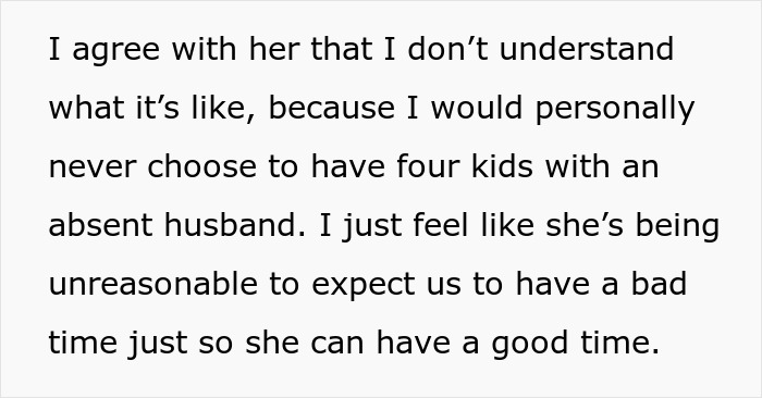Text excerpt discussing a mom of 4 upsetting neighbors by bringing her kids and affecting group activities. Text excerpt discussing a mom of 4 upsetting neighbors by bringing her kids and affecting group activities.
