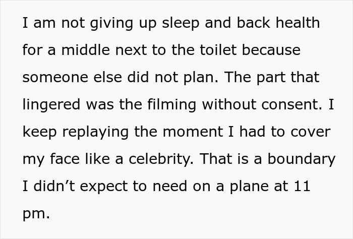 Text about refusing to swap plane seats despite rude family bullying and coworkers labeling her a villain. Text about refusing to swap plane seats despite rude family bullying and coworkers labeling her a villain.