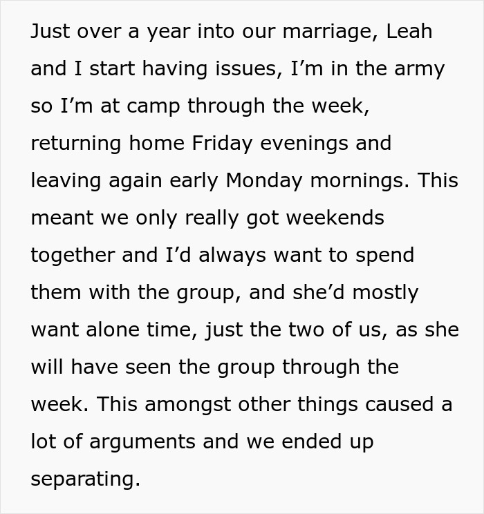 Text excerpt from a guy describing marriage issues due to army schedule leading to separation and trust fears with best man. Text excerpt from a guy describing marriage issues due to army schedule leading to separation and trust fears with best man.