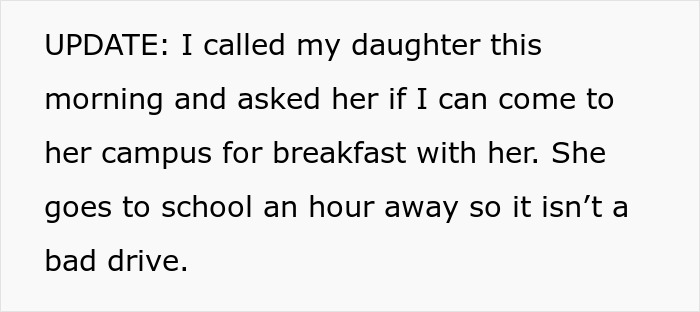 Text update showing a husband calling his daughter about visiting campus for breakfast after wife asked him not to date. Text update showing a husband calling his daughter about visiting campus for breakfast after wife asked him not to date.