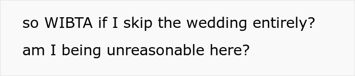 Text image showing a question about skipping a wedding and asking if it is unreasonable. Text image showing a question about skipping a wedding and asking if it is unreasonable.
