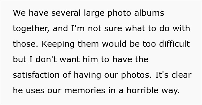 Text excerpt showing a man reflects on photo albums and broken memories in a relationship breakup announcement. Text excerpt showing a man reflects on photo albums and broken memories in a relationship breakup announcement.