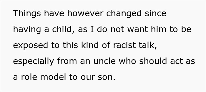 Text excerpt discussing concerns about racist talk from a family member during dinner impacting their child’s environment. Text excerpt discussing concerns about racist talk from a family member during dinner impacting their child’s environment.