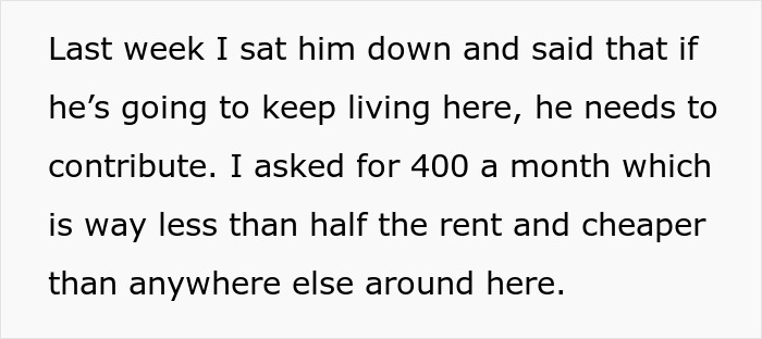 Text excerpt about a guy asked to pay 400 rent after mooching off cousin for six months.