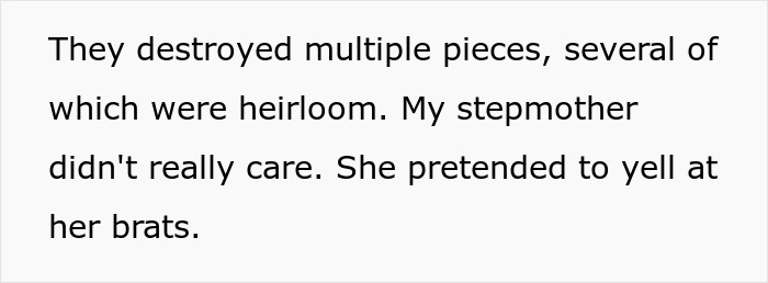 Text excerpt about stepmom letting kids destroy heirloom jewelry, leading to grandparents suing over $100k loss. Text excerpt about stepmom letting kids destroy heirloom jewelry, leading to grandparents suing over $100k loss.
