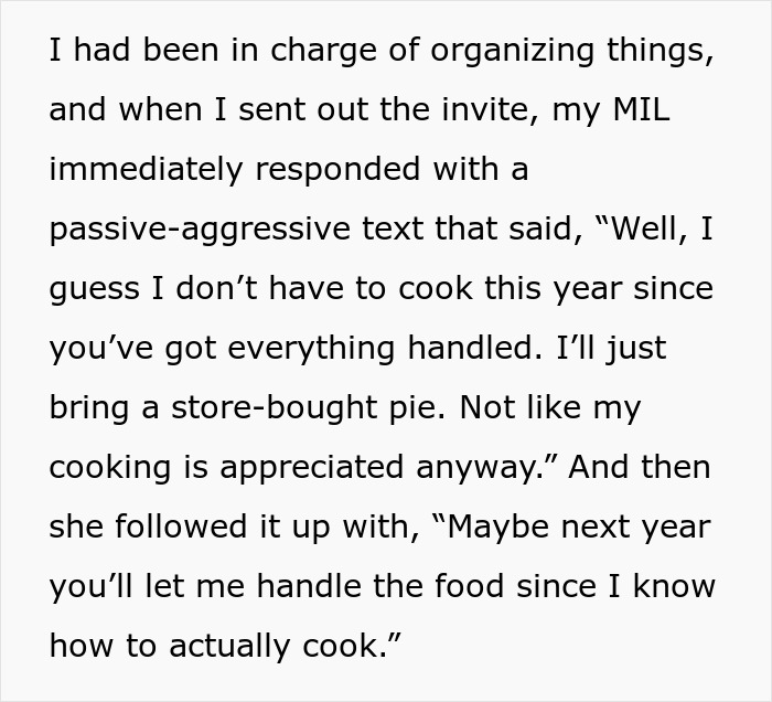 Text message exchange showing a rude mother-in-law being passive-aggressive about holiday cooking plans. Text message exchange showing a rude mother-in-law being passive-aggressive about holiday cooking plans.