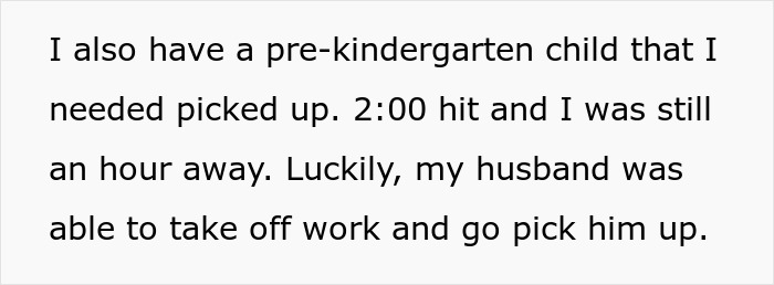 Text document showing a mother discussing challenges with picking up a pre-kindergarten child during a procedure update delay. Text document showing a mother discussing challenges with picking up a pre-kindergarten child during a procedure update delay.