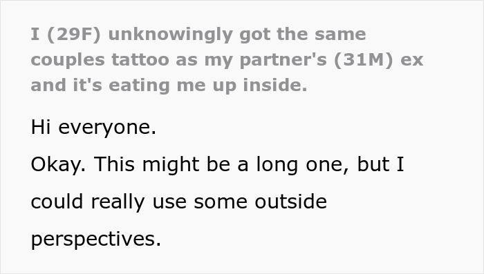 Woman upset about unknowingly getting the same couple tattoo as her boyfriend's ex, seeking advice and perspective. Woman upset about unknowingly getting the same couple tattoo as her boyfriend's ex, seeking advice and perspective.