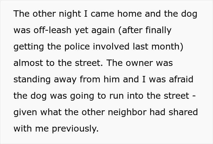 Text excerpt about HOA board member ignoring pet ownership rules, neighbor concerned and involving police for safety. Text excerpt about HOA board member ignoring pet ownership rules, neighbor concerned and involving police for safety.